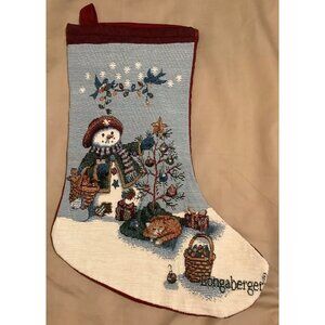 Longaberger Snowman Christmas Stocking With Tapestry Design & Red Backing VTG